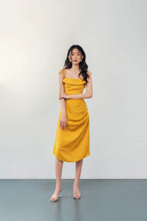 Silk Midi Dress with Draped Cowl Detail and Adjustable Shoulder Ties